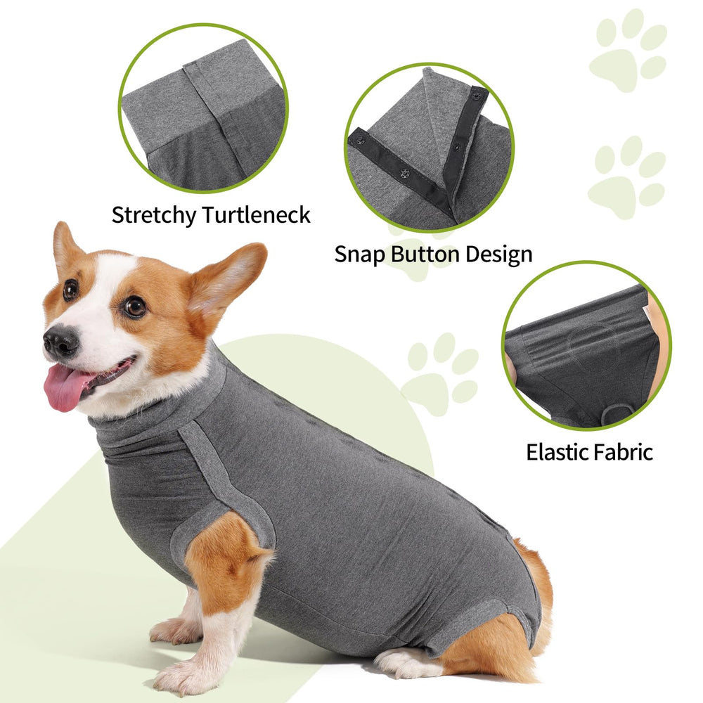 Dotoner dog surgery recovery suit with snaps demonstrates easy adjustments and quick on/off