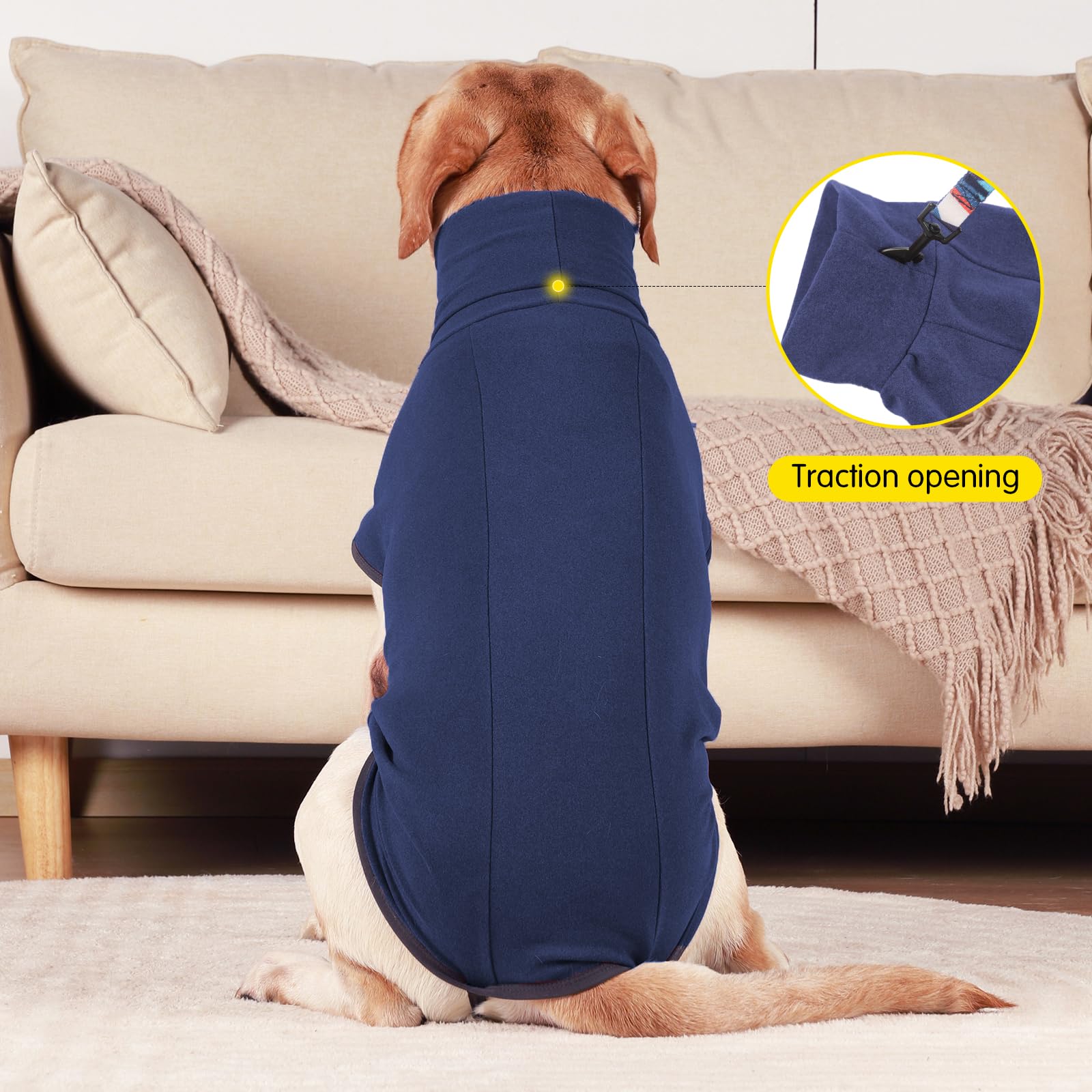 Dotoner dog sweater navy blue back view highlights secure pullover design for easy dressing.