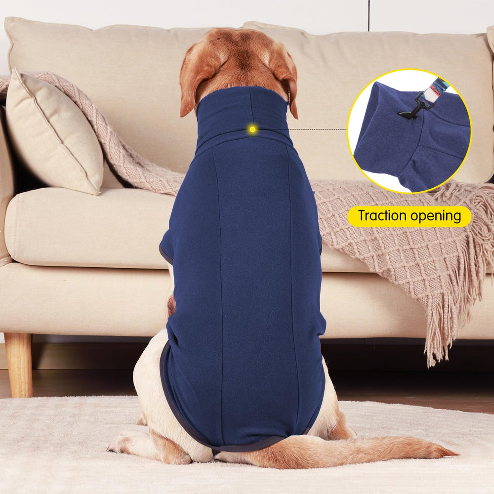 Dotoner dog sweater navy blue back view highlights secure pullover design for easy dressing.