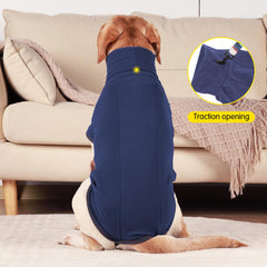 Dotoner dog sweater navy blue back view highlights secure pullover design for easy dressing.