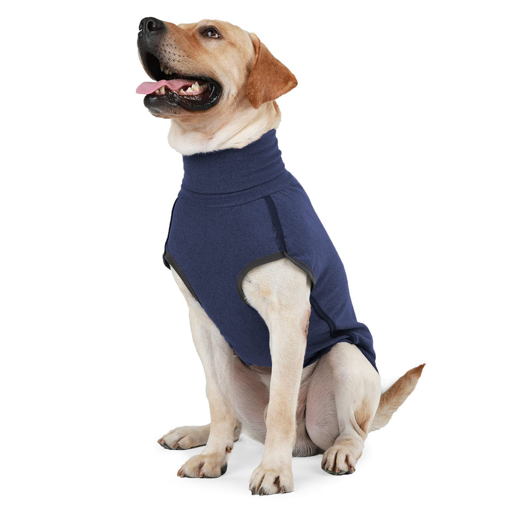 Dotoner dog sweater navy blue front view keeps dogs cozy on outdoor strolls.