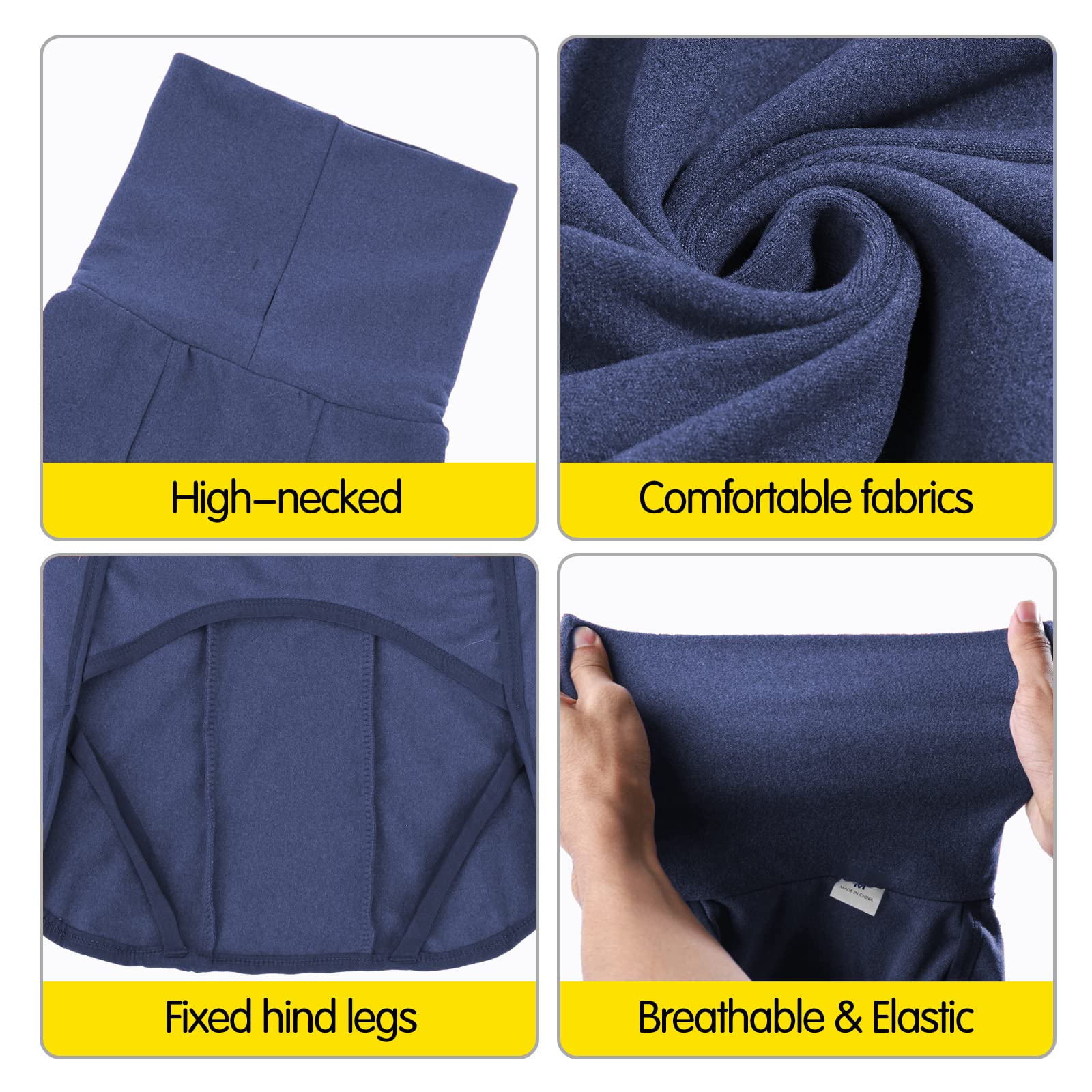 Dotoner dog sweater navy blue side view shows flexible knit for easy movement.