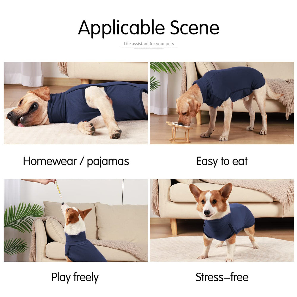 Dotoner dog sweater navy blue wearing-dog image demonstrates comfortable warmth during indoor play.