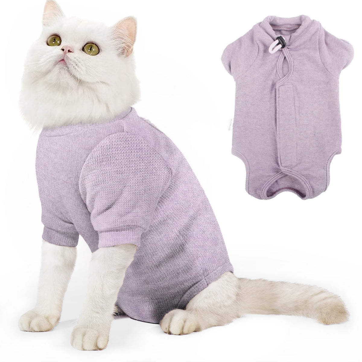 Dotoner cat surgery recovery suit front-view deters licking and protects the incision area