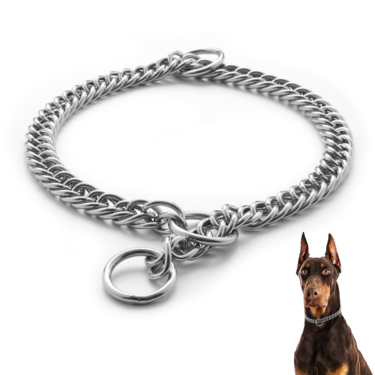 Double-Twist Link Training Choker Collar closeup shows durable stainless steel links for confident control.