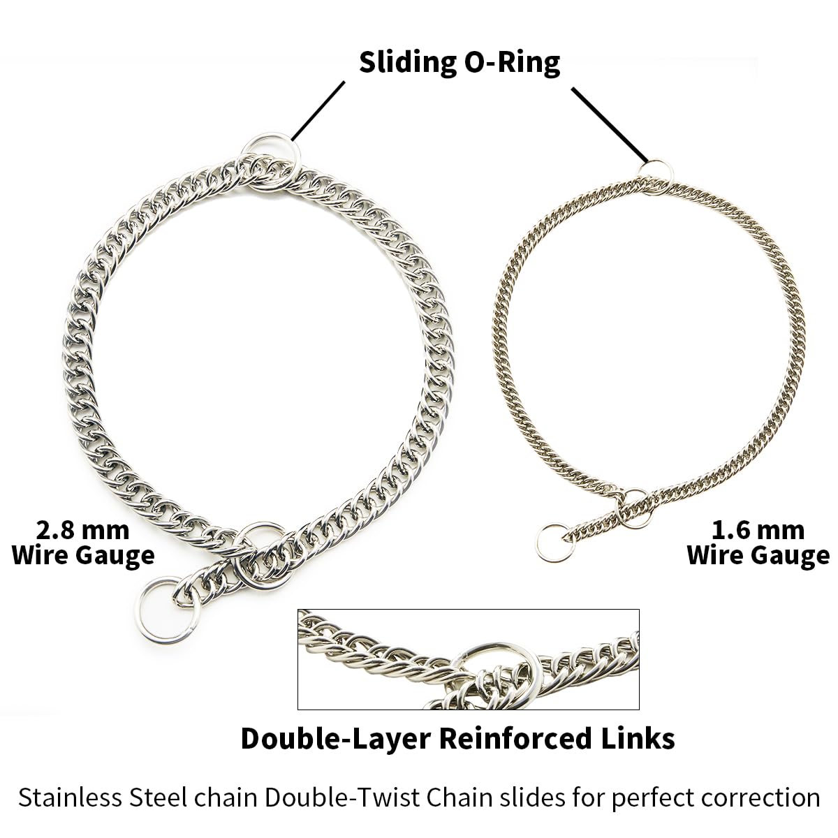Double-Twist Link Training Choker Collar metal detail highlights rust-resistant stainless steel.