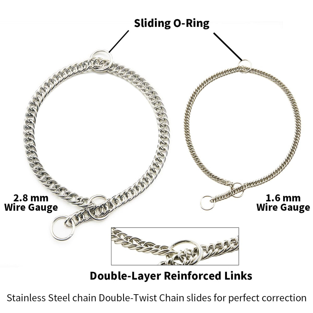 Double-Twist Link Training Choker Collar metal detail highlights rust-resistant stainless steel.