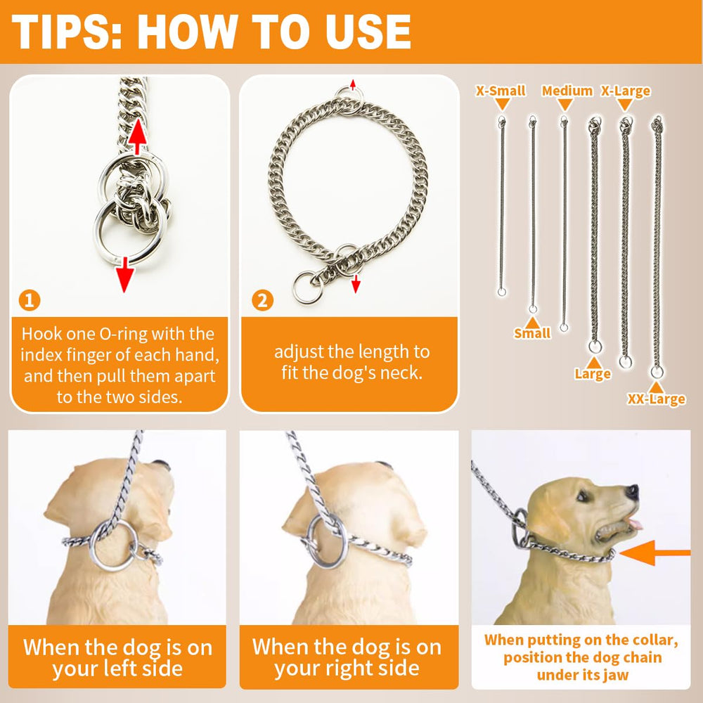 Double-Twist Link Training Choker Collar six size options shown for proper fit.