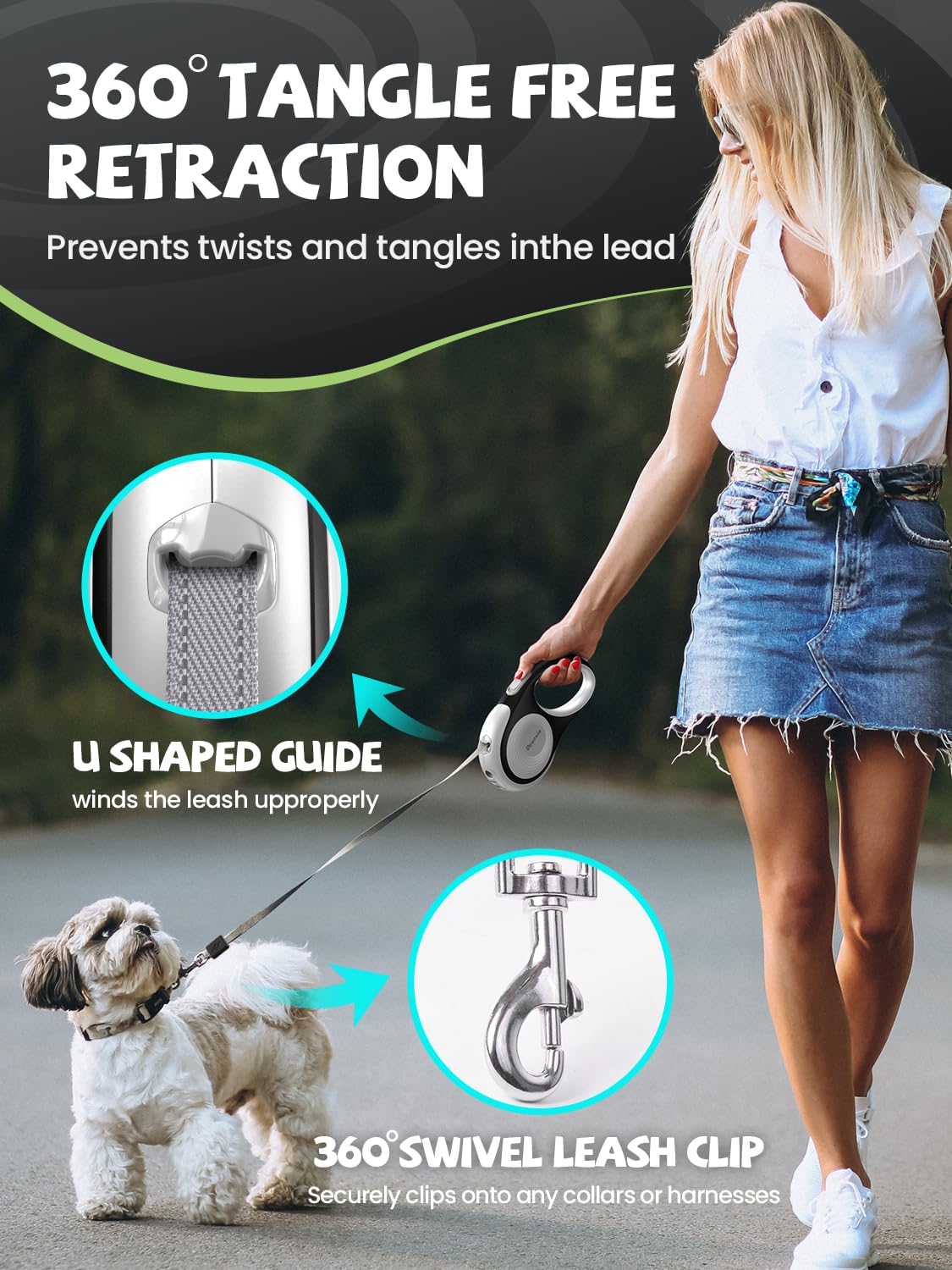 Douexio dog leash in use with small dog demonstrates controlled walking.