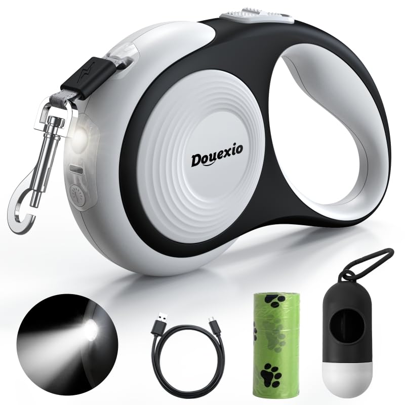 Douexio retractable dog leash showing 16ft reach for controlled outdoor exploration.