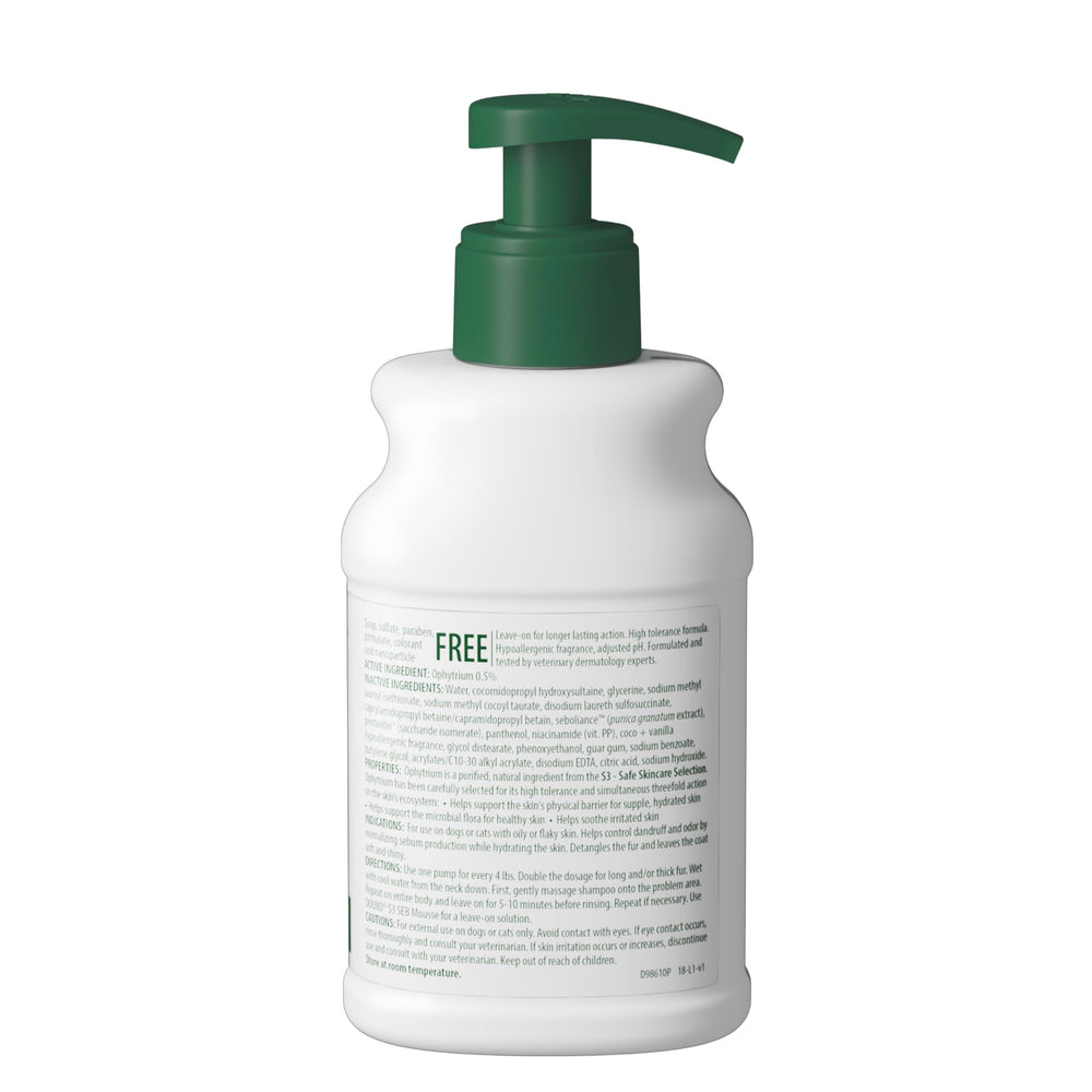 DOUXO S3 SEB Shampoo being applied to a wet coat for detangling and hydration.