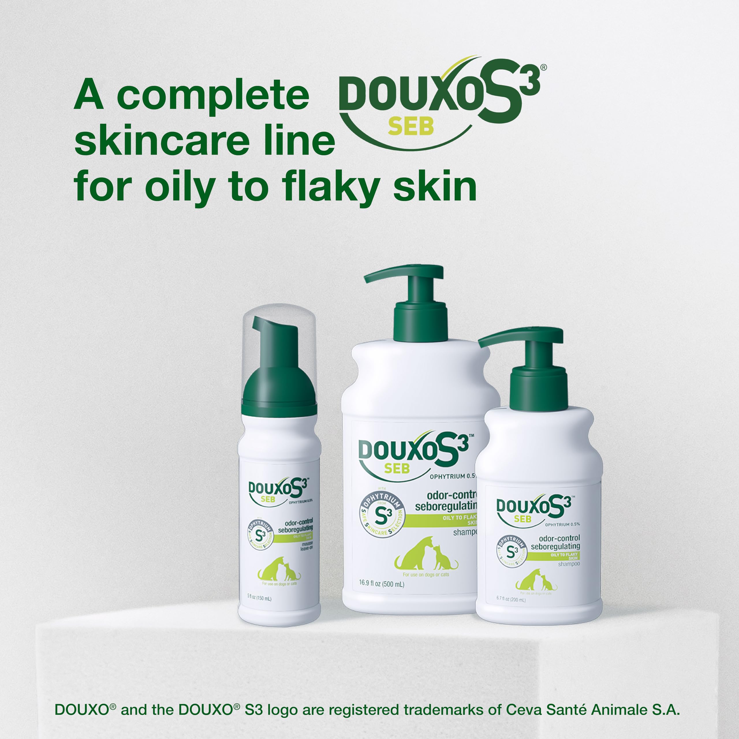 DOUXO S3 SEB Shampoo label close-up underscores dandruff reduction claim.