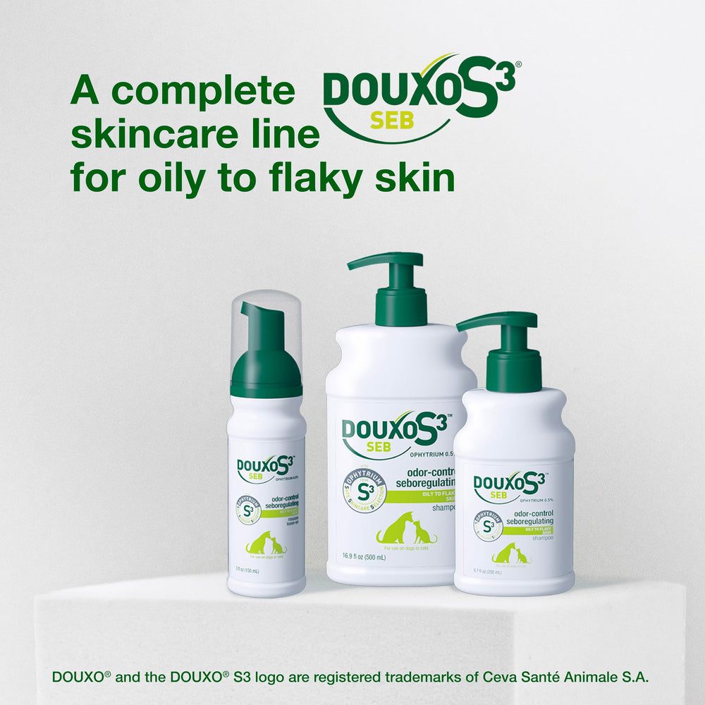 DOUXO S3 SEB Shampoo label close-up underscores dandruff reduction claim.
