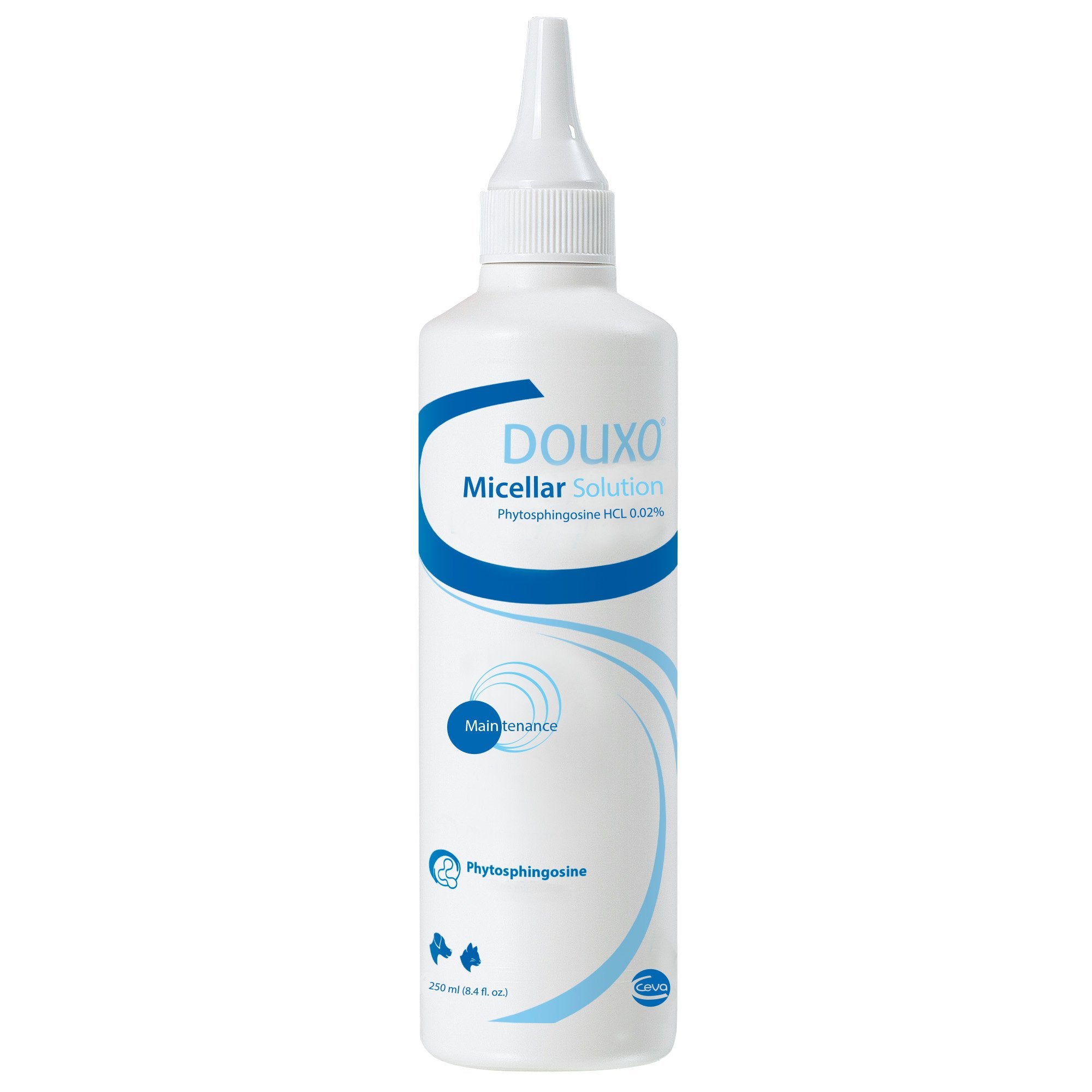 Douxo Micellar Ear Cleansing Solution bottle for pets supports gentle ear cleansing before treatments.