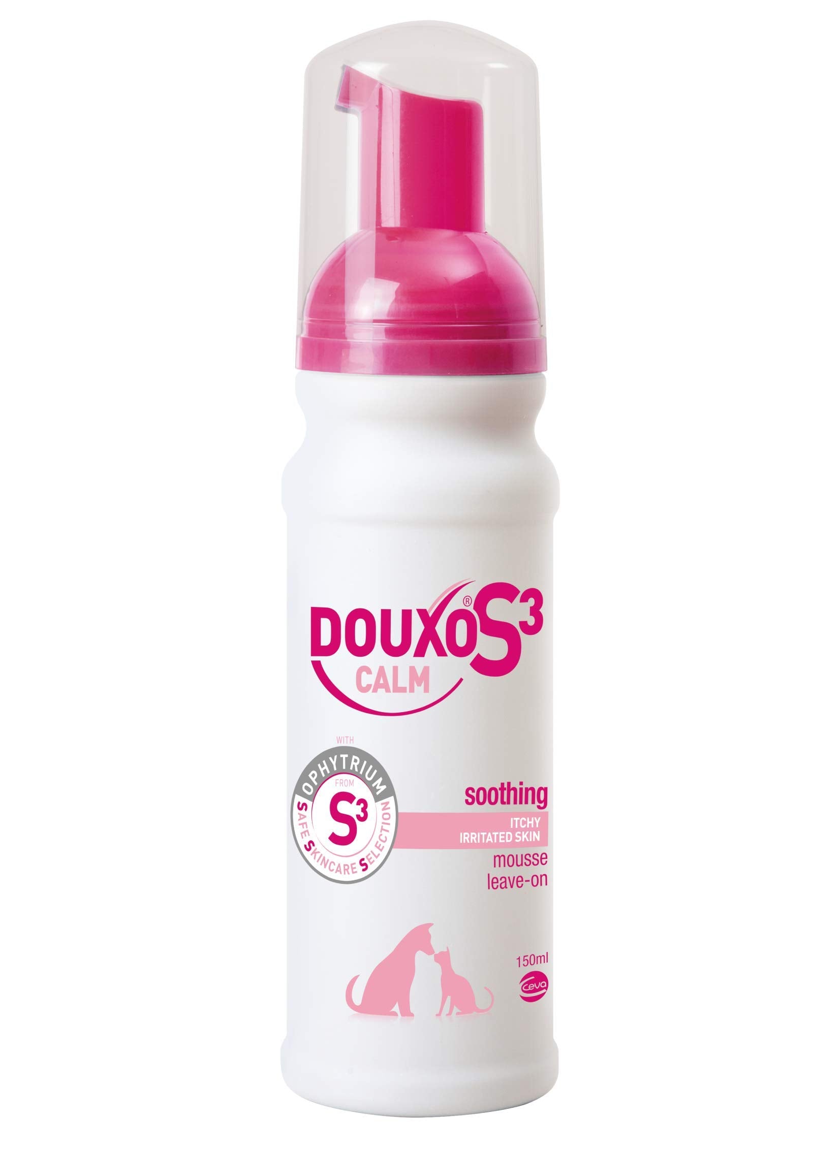 Douxo S3 Calm Itch Relief mousse bottle close-up showing soothing formula for irritated skin.