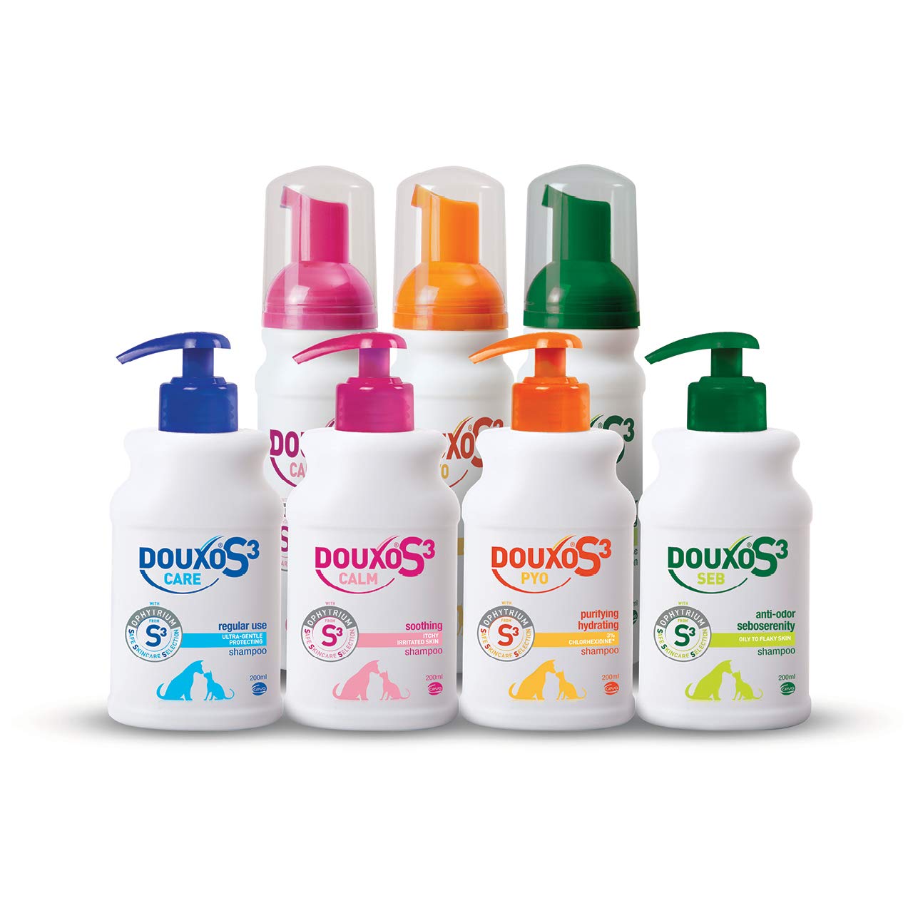 Douxo S3 Calm Itch Relief mousse tube being applied on pet's skin for gentle relief.
