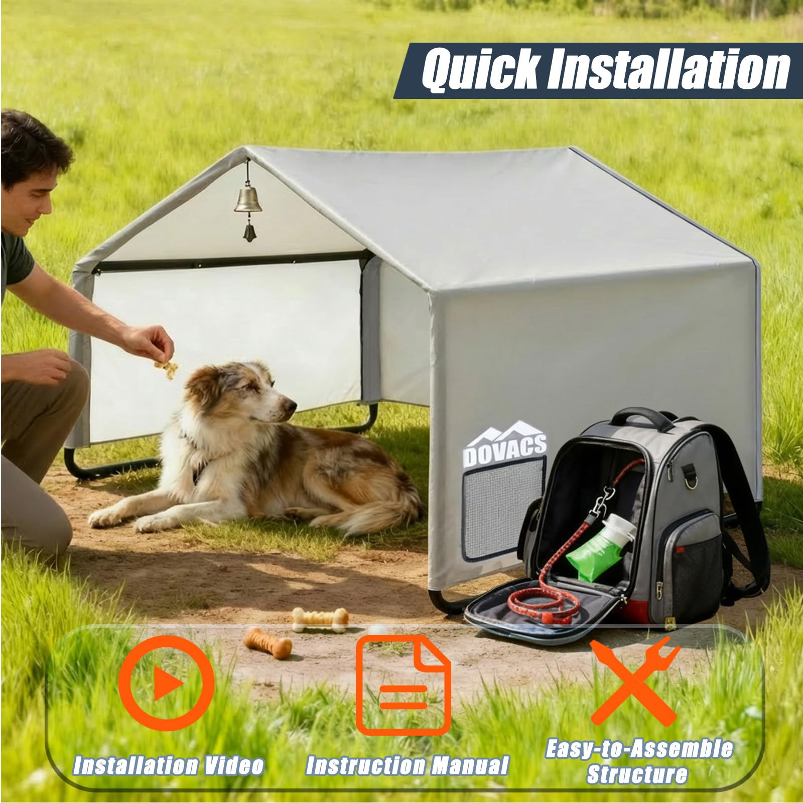 DOVACS sturdy steel-frame pet pavilion emphasizes durability and simple setup.