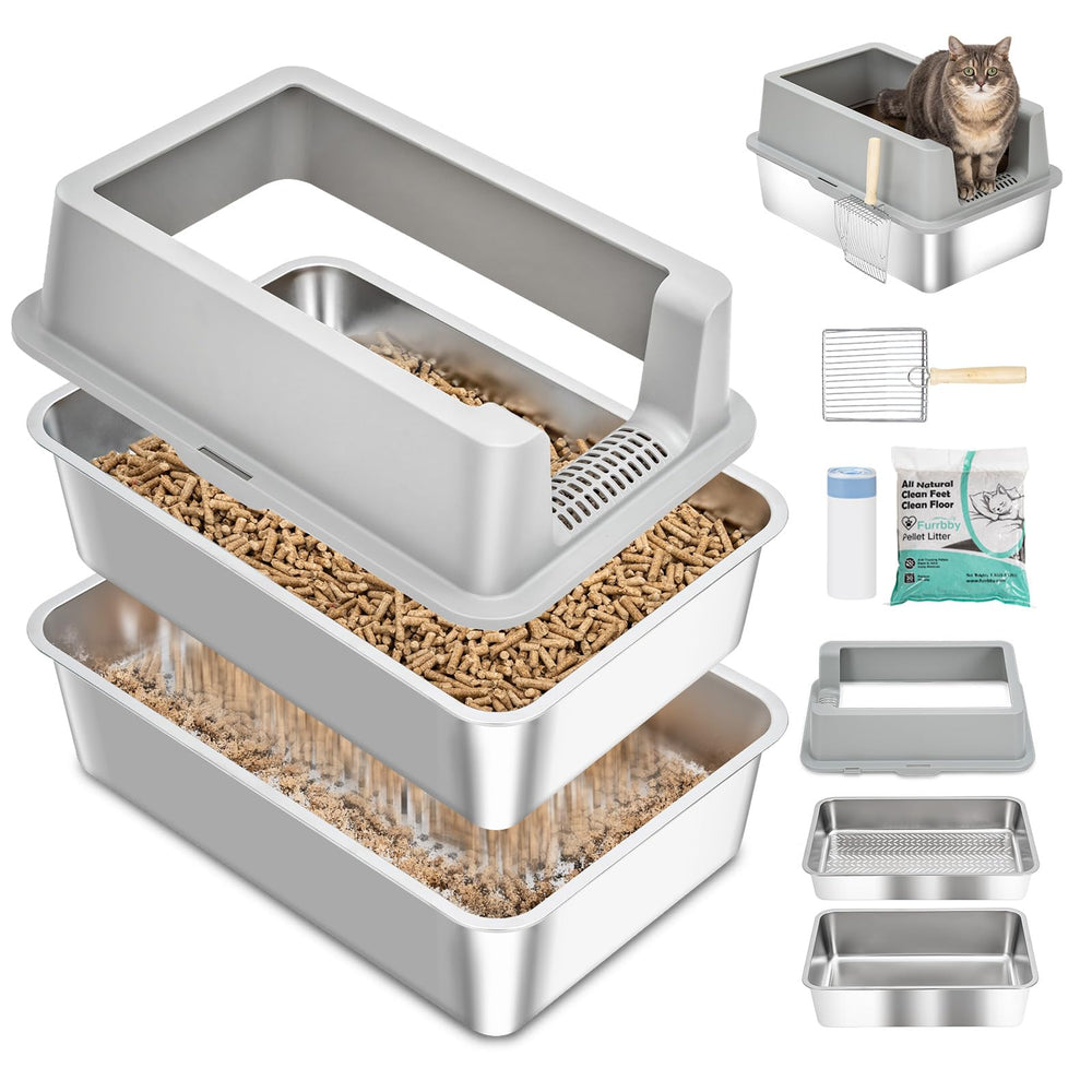 DOWANQO stainless-steel sifting litter box with lid shows durable, rust-resistant construction.