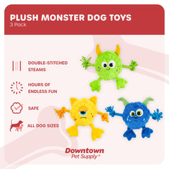 Downtown Pet Supply plush monster chew toy 2 design encourages solo play and chewing fun