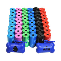 Downtown Pet Supply rainbow poop bags with bone-shaped dispenser attached to leash for quick cleanups.