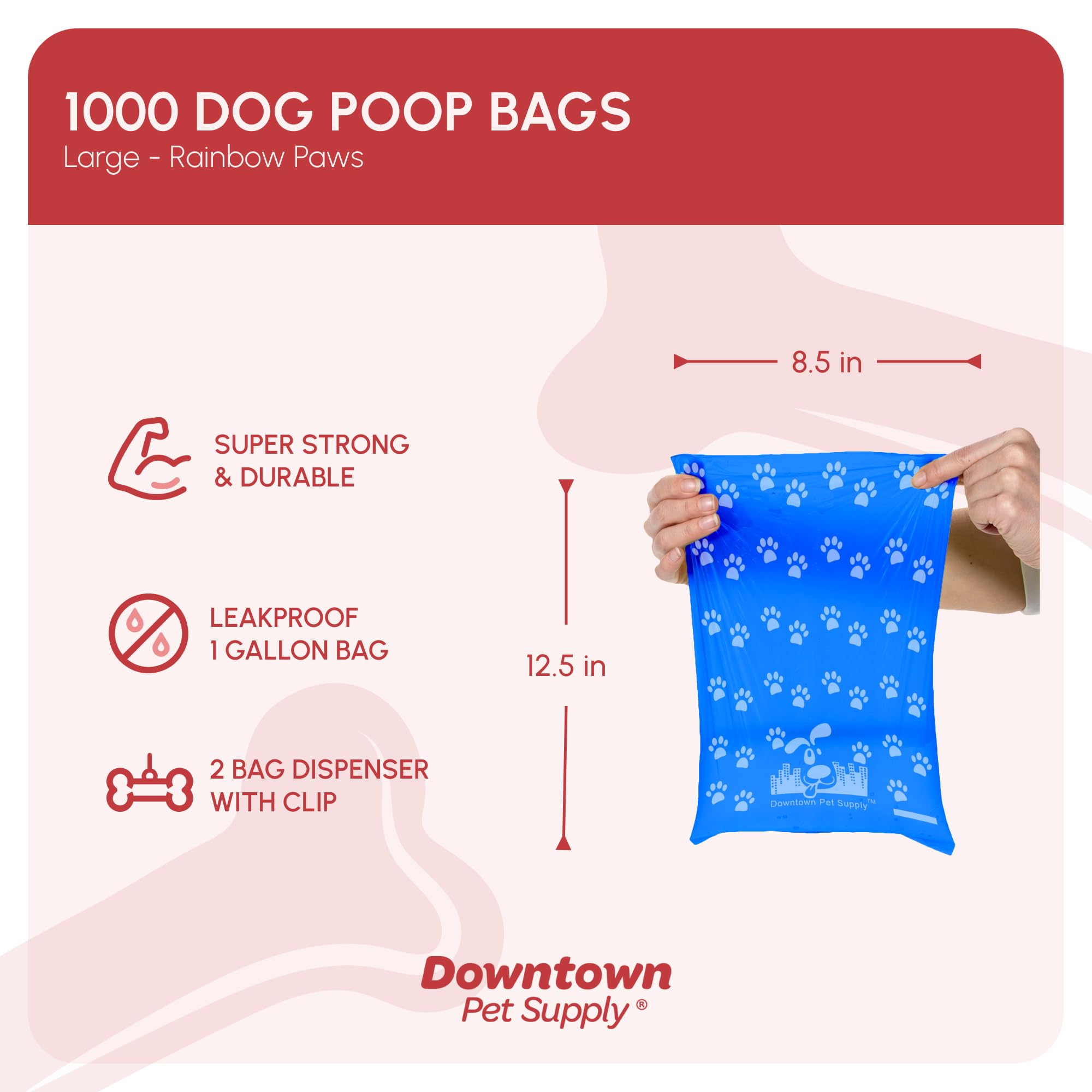 Downtown Pet Supply tear perforations on one-handed bags for easy bagging while walking.