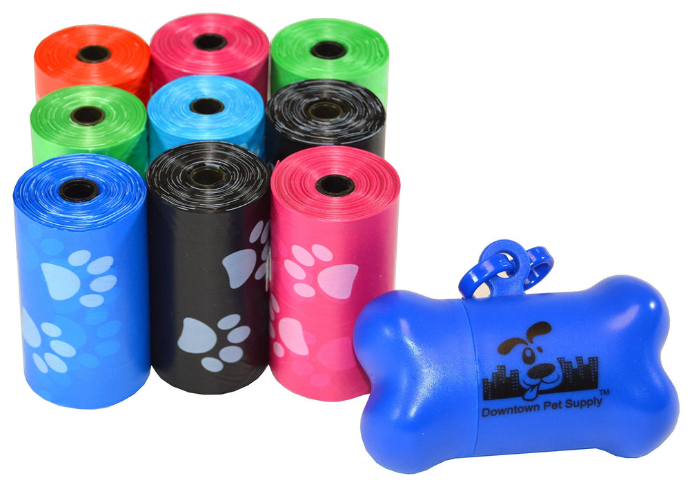 Downtown Pet Supply poop bags with dispenser in rainbow paw-prints design for quick cleanup