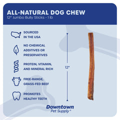 Downtown Pet Supply rawhide-free beef bully stick highlighting natural ingredient.