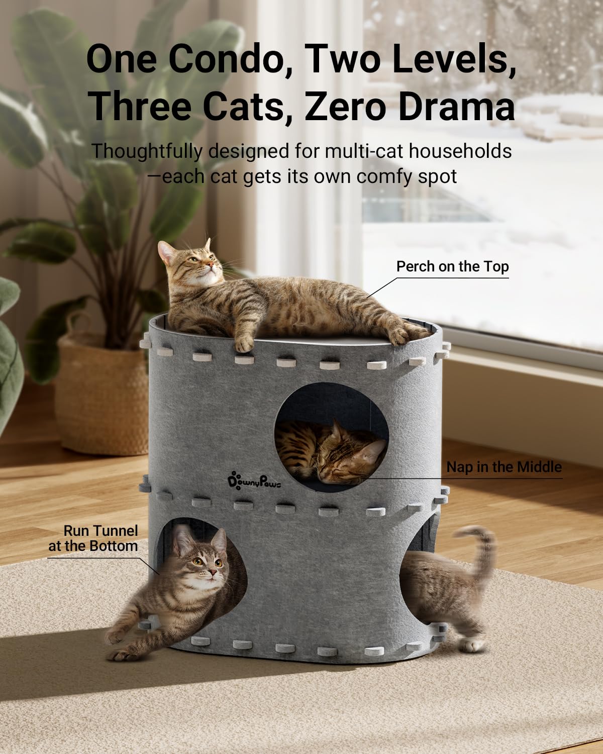 DownyPaws castle cat-house two-storey setup highlights vertical space for climbing.