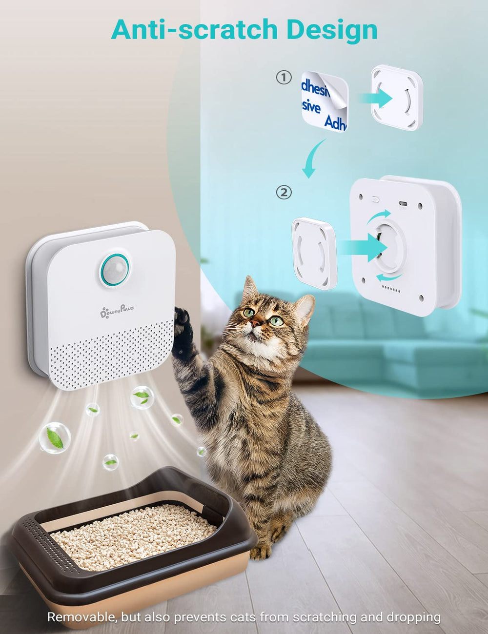 DownyPaws cat litter deodorizer recharge port indicates simple recharging for long battery life