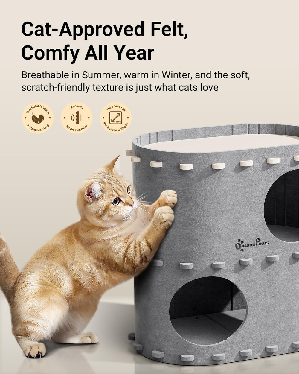 DownyPaws cat tunnel felt closeup shows soft, sturdy surface for comfort.