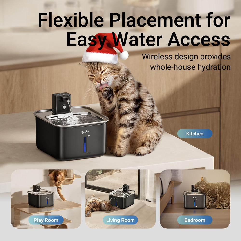 DownyPaws cat water fountain detachable cleaning close-up emphasizing easy sanitation of parts.