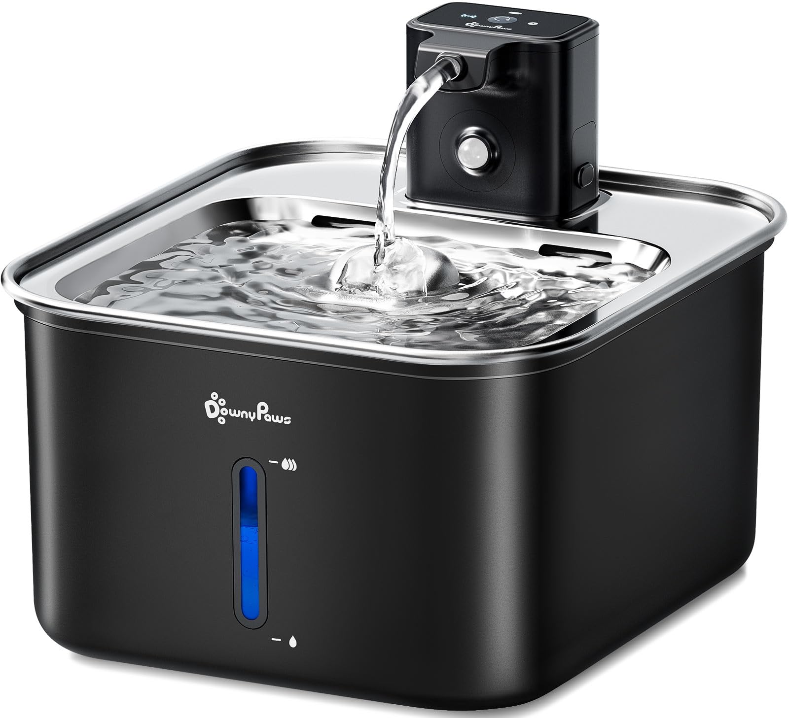 DownyPaws cat water fountain front view highlighting stainless steel design and hygienic hydration.