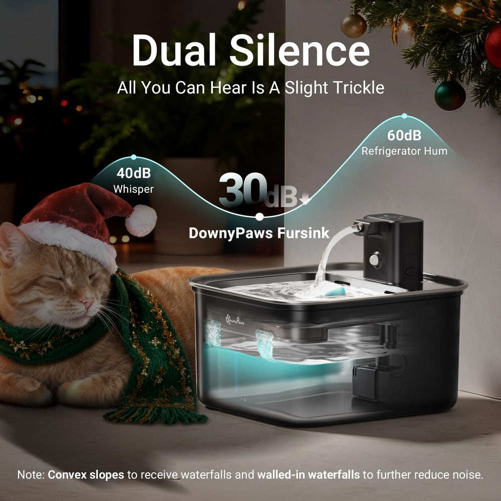 DownyPaws cat water fountain motion sensor activates a moving stream to entice drinking.