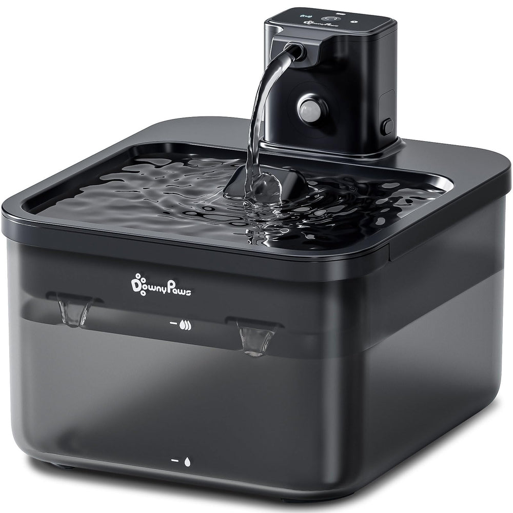 DownyPaws cordless water fountain front view demonstrates sleek black design for convenient pet hydration anywhere