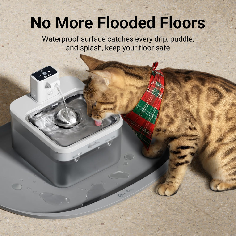 DownyPaws FurBib design guides crumbs back to the mat for easy cleanup.