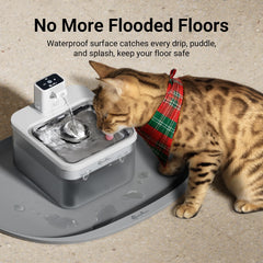 DownyPaws FurBib design guides crumbs back to the mat for easy cleanup.