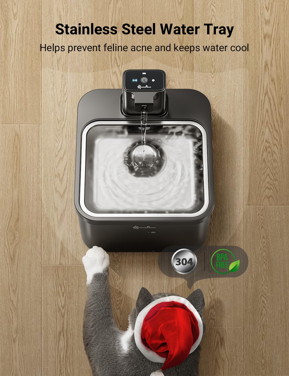 DownyPaws Fursink timer-mode display shows water flow every 15 minutes for 20 seconds