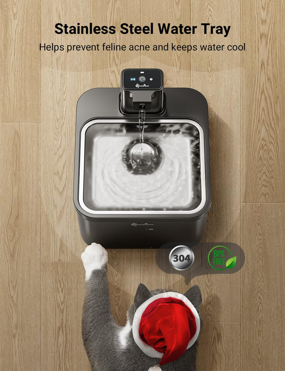 DownyPaws Fursink timer-mode display shows water flow every 15 minutes for 20 seconds