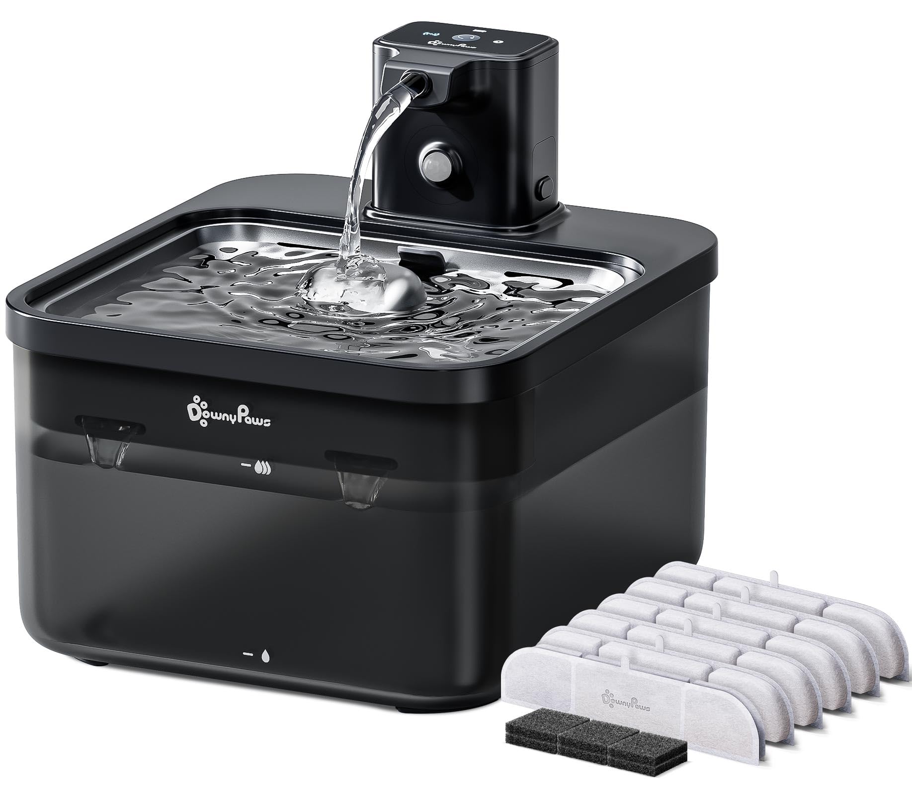 DownyPaws Fursink water fountain body shows cordless hydration-ready placement.