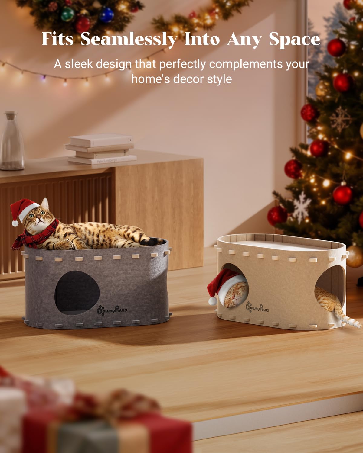 DownyPaws PeekaPurr cat house features claw-resistant felt for durability.