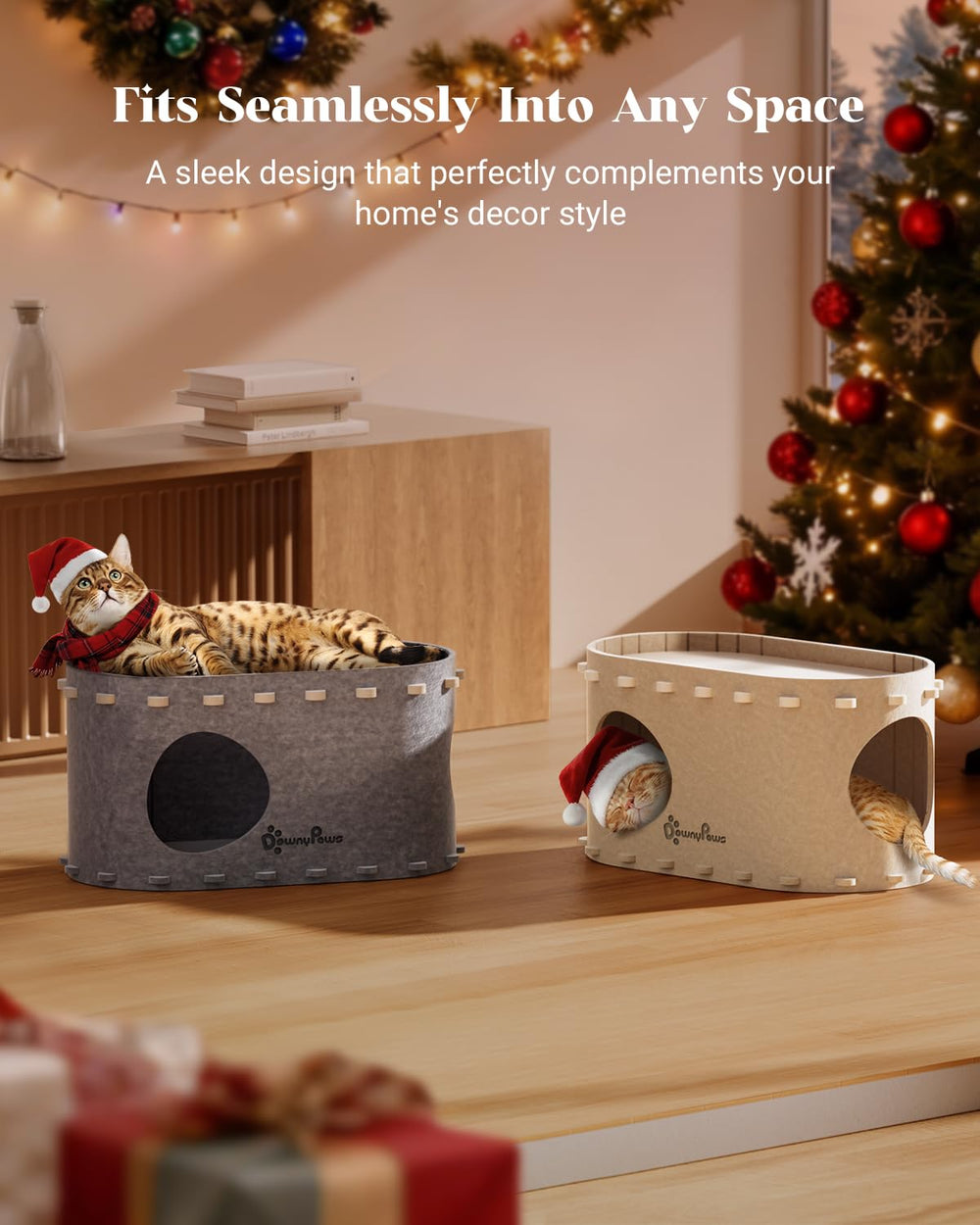 DownyPaws PeekaPurr cat house features claw-resistant felt for durability.