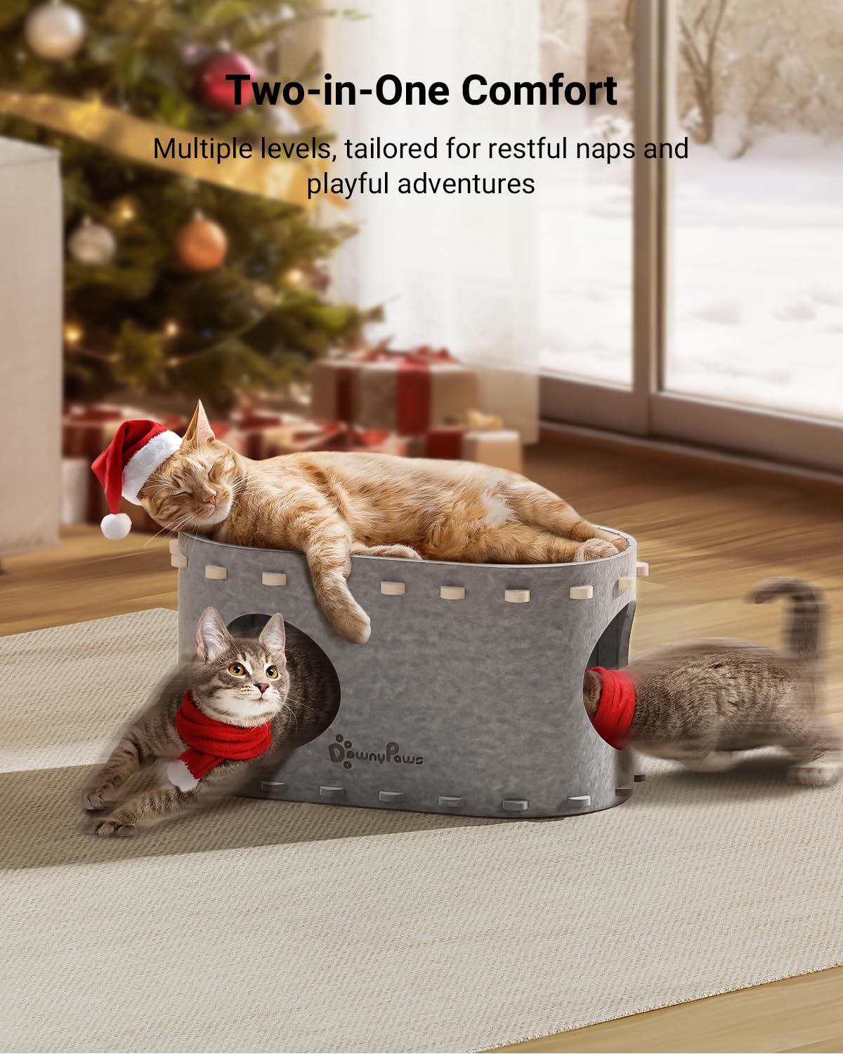 DownyPaws PeekaPurr cat house top view shows dual-entry design for multi-cat play.
