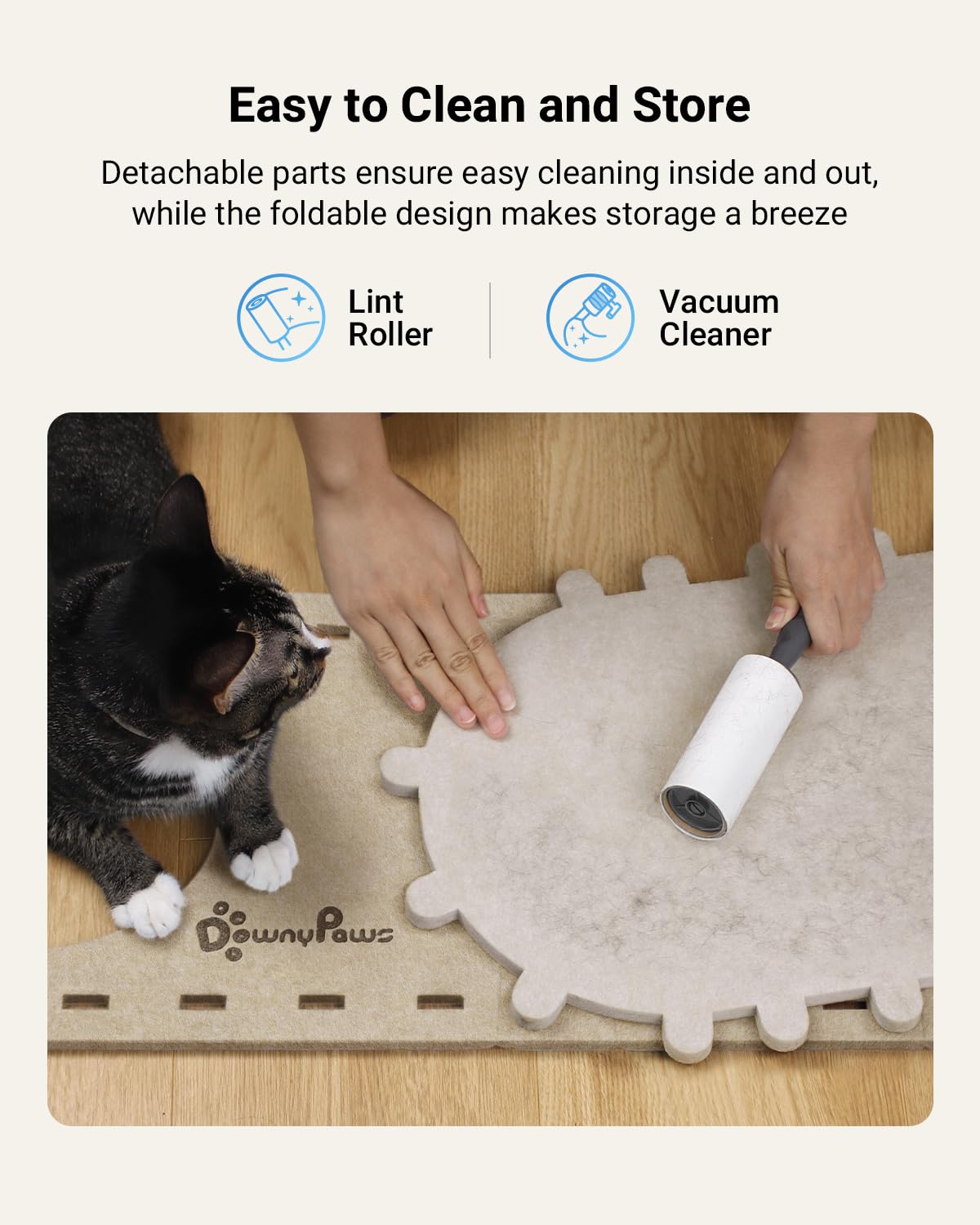 DownyPaws PeekaPurr easy-assembly diagram highlights quick setup.