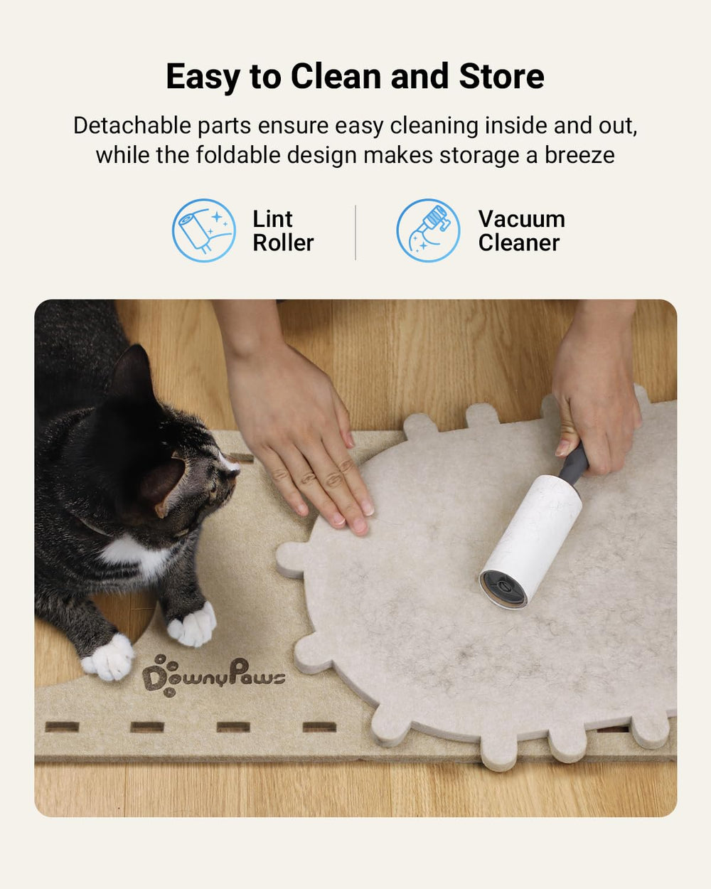 DownyPaws PeekaPurr easy-assembly diagram highlights quick setup.