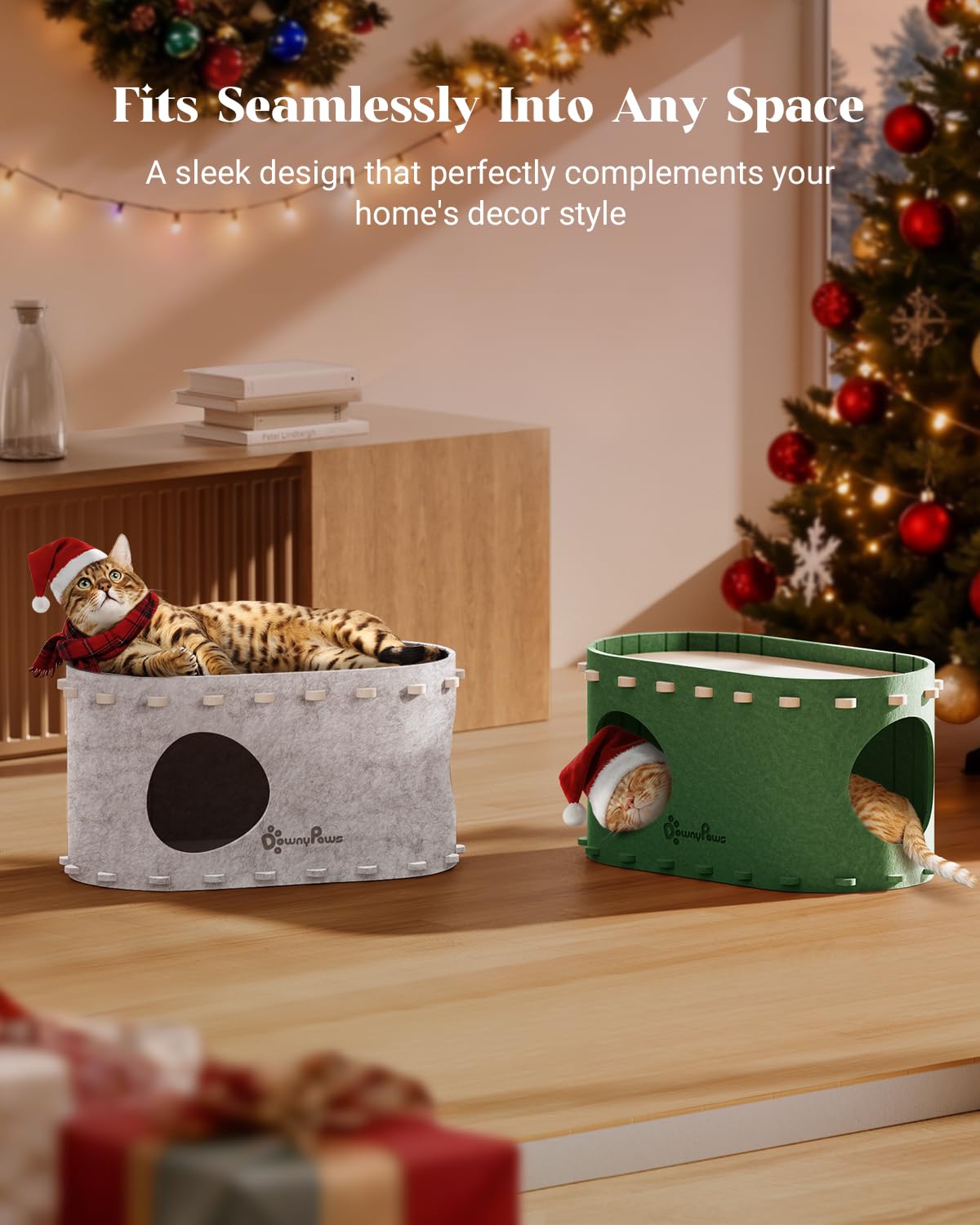 DownyPaws PeekaPurr hard-wearing felt withstands swipes during relaxed scratching.
