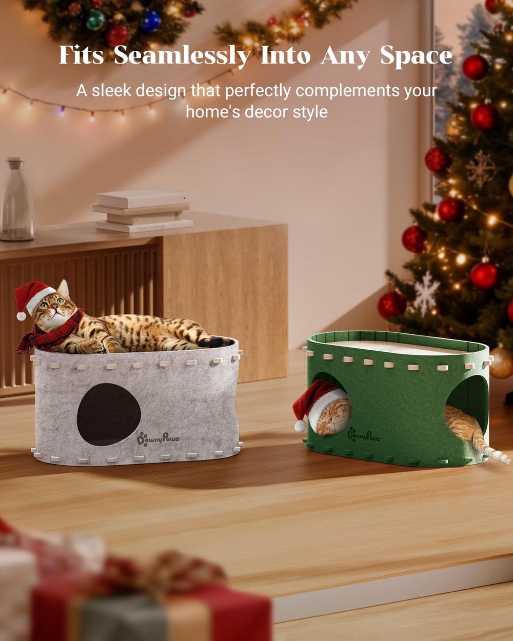 DownyPaws PeekaPurr hard-wearing felt withstands swipes during relaxed scratching.