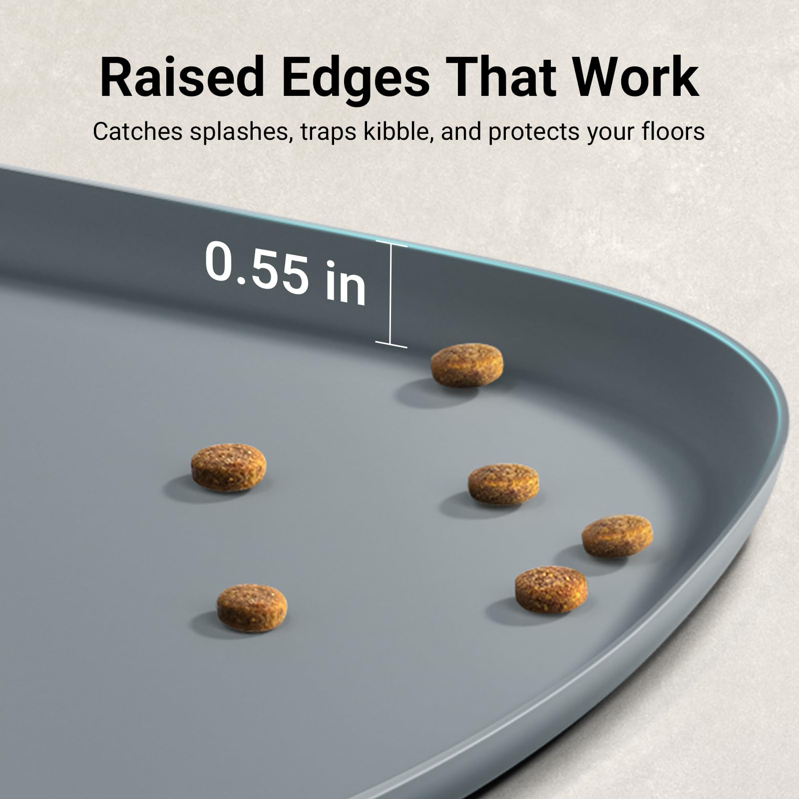 DownyPaws raised-edge mealtime mat prevents splashes and messes.