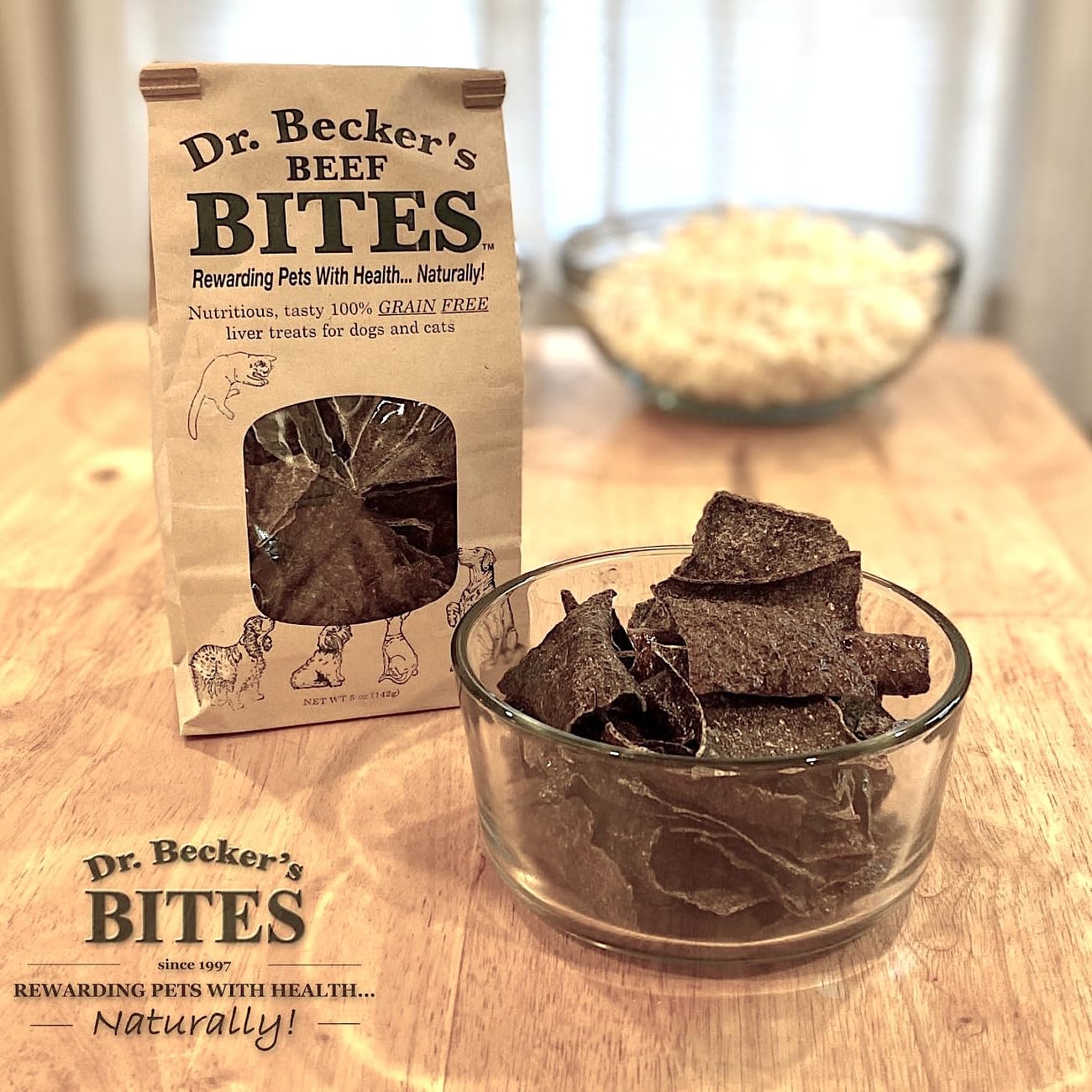 Dogs and puppies enjoying beef bites—protein snack.