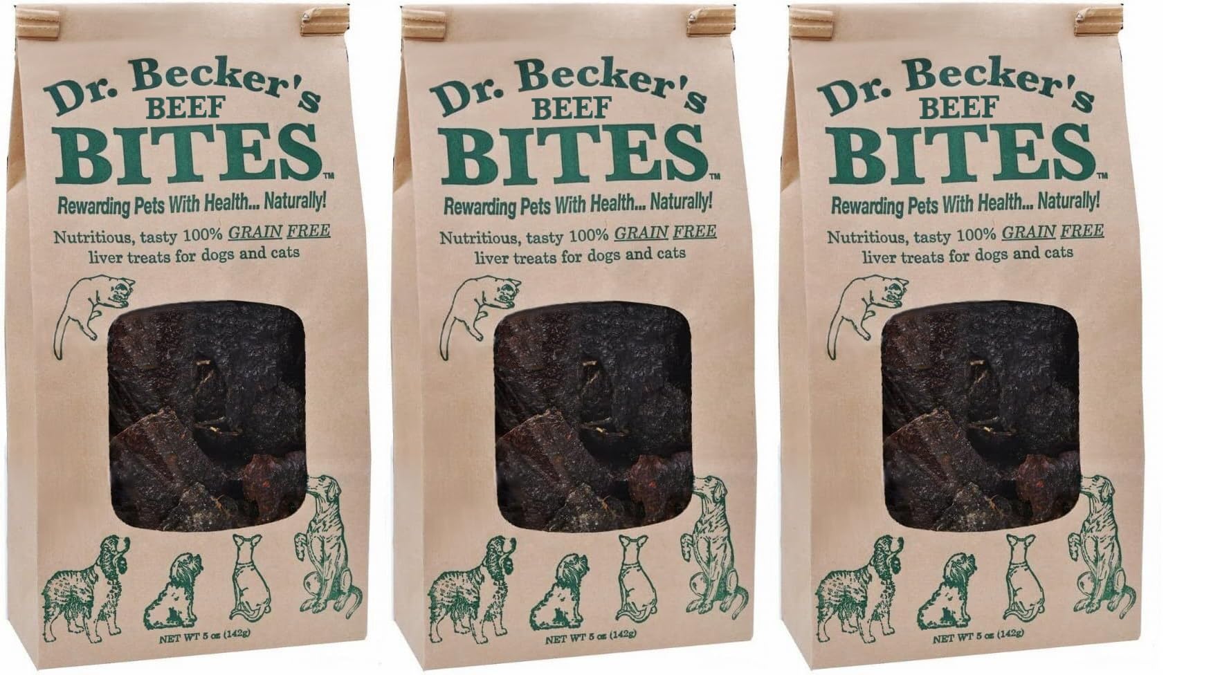 Dr. Becker's Original Beef Bites pack shot, ideal training rewards for dogs and cats.