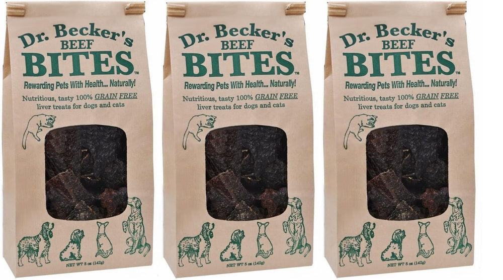 Dr. Becker's Original Beef Bites pack shot, ideal training rewards for dogs and cats.